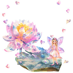 Watercolor illustration of a water lily flower and a fairy standing on a leaf with a magic wand in her hands. There is a place for text framed by hearts.