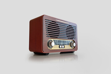 Old brown radio, retro radio without background. Perspective vintage radio isolated.