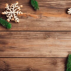 fir tree and decorating rustic elements on vintage wood table with snowflake. Creative Flat layout and top view composition with border and copy space