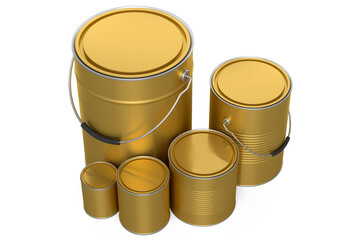 Set of metal can or buckets of paint in row pattern on white background.