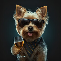 Lustiger Australischer Seidenterrier Terrier mit Sonnenbrille und Sektglas in der Pfote, 3D Illustration - obrazy, fototapety, plakaty