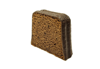 Slice of chocolate spongy airy cake isolated on white background