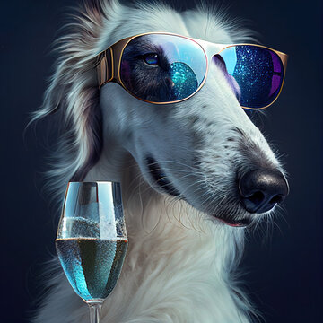 Cooler Lustiger Barsoi mit Sonnenbrille und Sektglas in der Pfote, 3D Illustration
