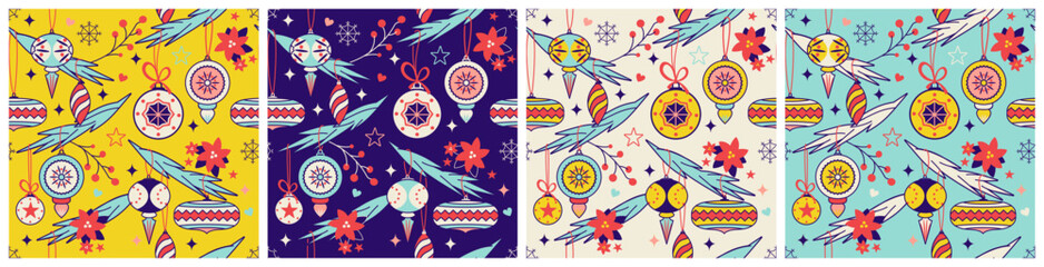 Set on Christmas or New Year seamless patterns with snowflakes, flowers and decoration. Textile, wrapping or fabric print