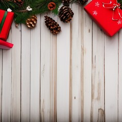 Naklejka premium Beautilful Christmas background with handmade present gift boxes and rustic decoration on white wooden board. Creative Flat layout and top view composition with border and copy space