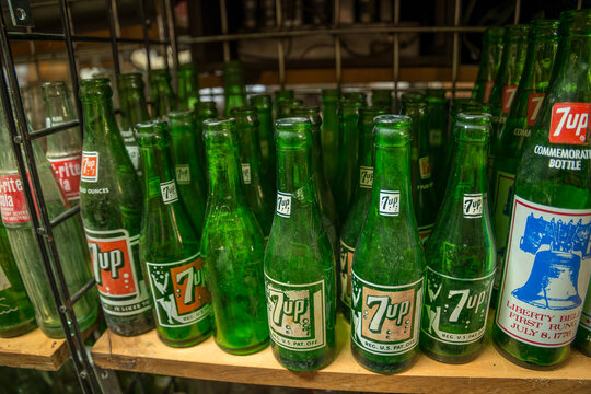 Clarkrange, Tennessee USA - April 08, 2021 Several vintage 7-up bottles