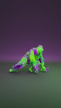 A colorful furry monster dances hip-hop in the background. The fluffy mascot is doing a funny dance. 3D visualization.