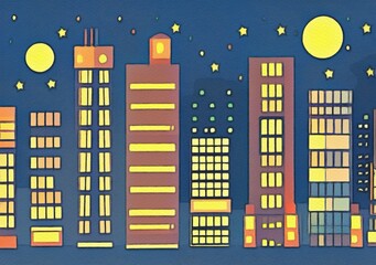Night city illustration. Digital painting art of cartoon city at night. Trendy print or design background