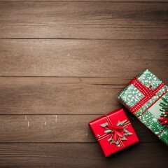 Obraz premium Vintage Christmas theme background with handcrafted gift boxes and snowfall, top view on wood table.png