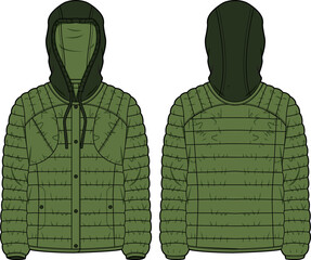 Down puffa Hoodie jacket design flat sketch Illustration, Quilted Puffer Padded Hooded jacket with front and back view, Soft shell winter jacket for Men and women for outerwear in winter. © JERZEY DESINZ