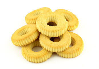 Pile of ring tea cookies isolated on white background
