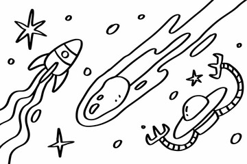 Rocket and meteor coloring page illustration design