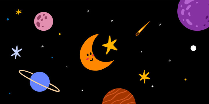 Cute moon, planet and star composition for space background design