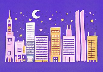 Obraz premium Night city illustration. Digital painting art of cartoon city at night. Trendy print or design background