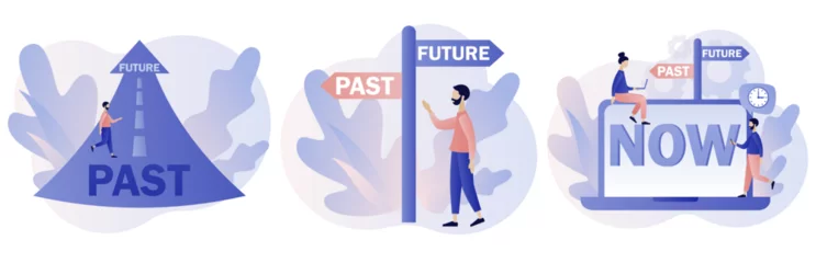 Foto op Canvas Past and future concept. Tiny people choice between past and future. Business alternative. Move forward metaphor. Modern flat cartoon style. Vector illustration on white background  © Marta Sher