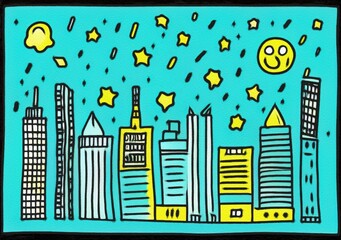 Fototapeta premium Night city illustration. Digital painting art of cartoon city at night. Trendy print or design background