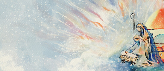 Nativity Of Jesus Scene With The Holy Family. Watercolor illustration.