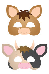 Set of colorful masks of animal characters for children. Horse and cow mask.