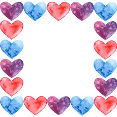 Valentine's Day. Square frame of watercolor hearts of blue, pink, purple flowers for Valentine's Day. Suitable for holiday, decor, scrapbooking, print and craft.