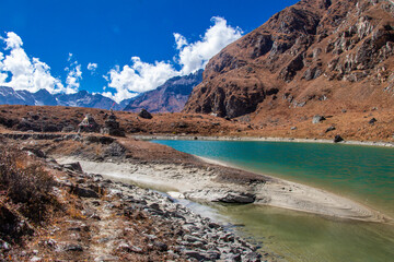 Beautiful Himalaya Mountain and Lake in Api Himal Base Camp Trek, Kali Dhunga Lake Darchula, Nepal