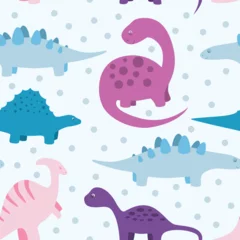 Gordijnen Vector wallpaper with cute cartoon dinosaurs. © ira shorokhova