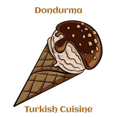 Turkish ice cream Dondurma in a waffle cone. Traditional turkish desserts. Vector illustration