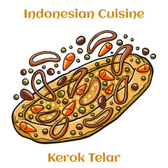 Kerak Telor. Traditional food from Betawi, Jakarta. Crusty sticky rice omelette with roasted grated coconut and ground dried shrimp mixture and fried shallot served on earthenware plate.