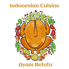 Ayam Betutu Indonesian food. Whole chicken filled with Balinese seasoning cassava leaves. Served with Sambal Matah and Roasted Peanuts.