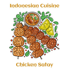 Grilled chicken satay skewers with with lime and chili. Indonesian traditional food