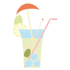 A cocktail with a straw, a slice of lemon, a mint leaf, an olive on a stick and a small umbrella. Doodle. Hand Drawn. Freehand drawing. Sketch. 