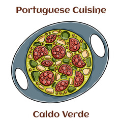 Portuguese style soup called Caldo Verde, bread, Cabbage, oil, garlic and chorizo sausage