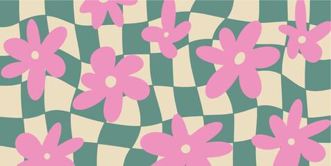 Groovy checkered Daisy Flowers background. Retro 70s - 60s Hippie Aesthetic wallpaper with Trippy distortion Grid. Vector modern Seventies Style illustration