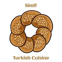 Turkish bagel Simit with sesame. Simitl is traditional Turkish bakery food. Cartoon illustration.