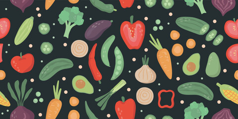 Seamless pattern of Flat hand drawn Vegetables. Doodle Background of Healthy organic avocado, cucumber, tomato, beet, pepper, carrot, onion, corn, eggplant, broccoli. Vector food illustration