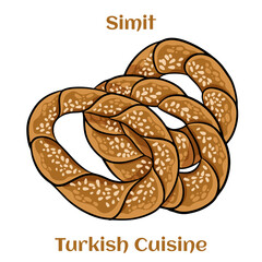 Turkish bagel Simit with sesame. Simitl is traditional Turkish bakery food. Cartoon illustration.