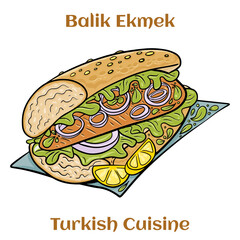 Hot Balik Ekmek fish sandwich with grilled mackerel. Traditional street food turkish cuisine. Cartoon illustration.
