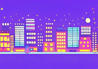 Night city illustration. Digital painting art of cartoon town, houses, skyscrapers at night. Trendy print or design background