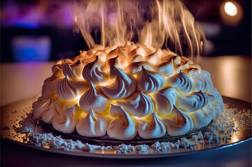 French specialty dessert called "norvegian omelette", frozen ice baked with beautiful meringue then flambé, exclusive gourmet delicious french dessert, unique, illustration, festivity, generated AI