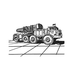 Multiple launch rocket system. Military vehicle. Hand drawing.
