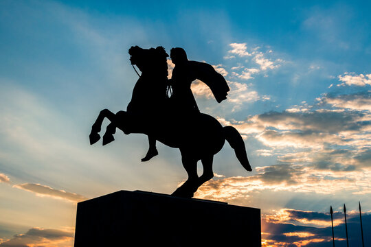 Thessaloniki, Greece - September 29, 2022: Brlack shape of monument of Alexander III of Macedon known also as Alexander the Great at sunset.