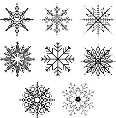 snowflake winter set of black isolated eight icon silhouette on white background