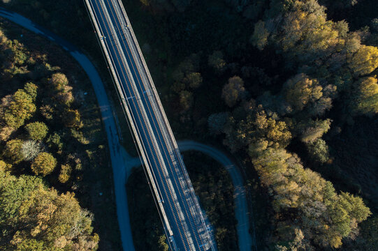 zenithal aerial view of a high-speed railroad track