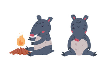 Cute Grey Tapir Animal with Proboscis Sitting with Sad Face and Warming at Fire Vector Set