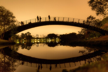 sunset over bridge, bridge over the river, autumn evening, reflecting, lake, dusk, footbridge,