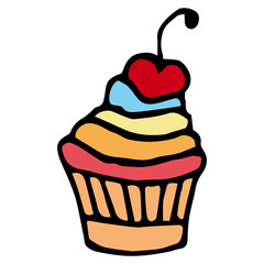 Cake with multi-colored cream and cherry. Hand Drawn. Freehand drawing. Doodle. Sketch. Outline.