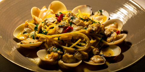 Clam Pasta,Italian sea food dinner first course pasta with clams alle vongole ready to eat