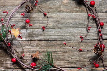 Traditional and Simple Christmas Decorations on Wooden Background
