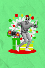 Vertical collage of overjoyed excited guy black white gamma hold boombox dancing isolated on creative background
