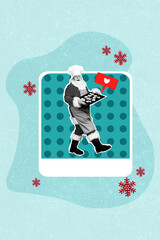 Vertical collage card of black white gamma santa walk hold cookies tray receive like notification...