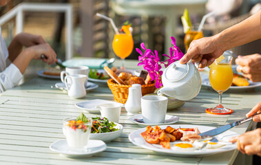 Breakfast is served with coffee,Breakfast served with coffee, orange juice, croissants, cereals and fruits. Balanced diet.